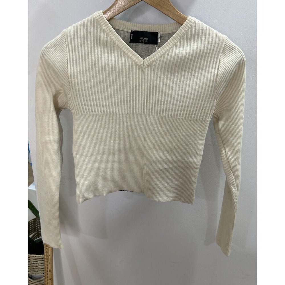 Lane Kaer Top Sweater Ivory Color Size S‎ Made In France Long Sleeve V Neck